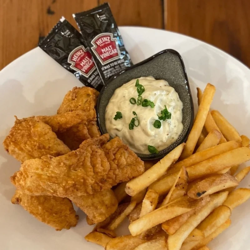 Fish & Chips, Creamy Slaw Topper, Tartar Sauce & Malt Vinegar