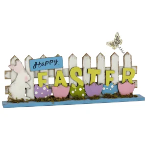 16 in. Happy Easter Picket Fence Table Decoration, Designed with Painted Eggs and Butterfly