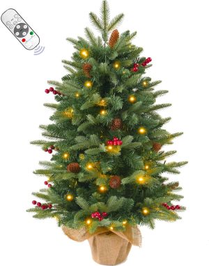 3FT Pre-lit Artificial Small Mini Christmas Tree with Warm White Multi-Color LED Lights, Remote Control and Timer, Perfect for Xmas Tabletop Decorations, Home, Kitchen, Dining Table top Green