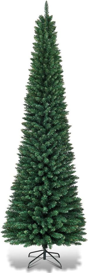 Goplus 6ft Artificial Snow Flocked Christmas Tree, Pre-Lit Hinged Pencil Tree with 250 LED Lights and Metal Stand, Slim Xmas Tree for Holiday Decor