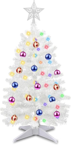 3 Ft Premium Green Christmas Tree 12 Modes Dual Color Change Timer DIY 50 Warm White & Multicolor Lights Star 15 Ball Ornaments Battery Operated Small Artificial Full Xmas Tree Table Home Indoor