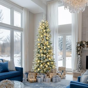 OasisCraft 6FT Pre-lit Artificial Snow Flocked Slim Christmas Tree with 300 LED Lights and 1300 PVC&PE Branch Tips for Home Shops Office Holiday Decoration