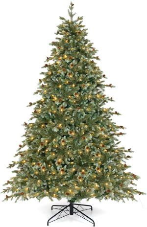 GOFLAME 6.5FT Pre-Lit Christmas Tree with Faux Cypress Leaves, Hinged Artificial Xmas Tree with 470 PE Branch Tips & 430 Warm White LED Lights, Holiday Decoration Tree with Auto Timer