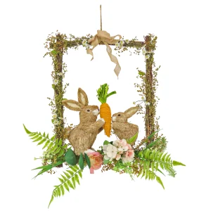 14 in. Easter Bunnies Hanging Wall Decoration Decorated with Two Bunnies, Carrots, Flower Blooms, Leafy Greens