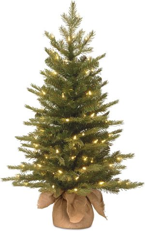 National Tree Company 3 ft Pre-Lit Nordic Spruce Mini Artificial Christmas Tree, 100 Clear Lights, 363 Tips, Burlap Base, Green
