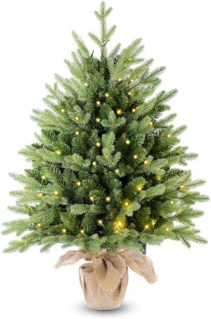 7.5 FT Prelit Christmas Tree, Artificial Spruce Christmas Tree with 350 Warm White LED Lights, 1100 PVC Branch Tips, Easy Assembly/Metal Stand/Hinged Branches Decoration