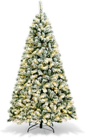 Goplus 7.5ft Artificial Snow Flocked Christmas Tree, Pre-Lit Snowy Hinged Xmas Tree with 550 Led Lights, 1346 Branch Tips and Metal Stand, for Holiday Indoor Home Office Decoration