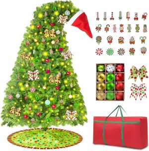 9FT Whimsical Christmas Tree,Bendable Pre-lit Christmas Trees with 550 LED Lights,Includes 1800 Branch Tips,48 Balls,24 Wooden Hanging Signs,1 Christmas hat,and 1 Storage Tote Bag