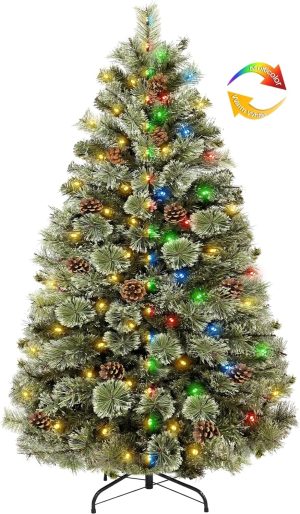 Prelit & Snowy 6 Ft Full Christmas Tree with Lights 250 LED Warm White & Multicolor 800 Frosted Tips 8 Modes Timer Pinecones Red Berry Hinged Artificial Xmas Tree for Christmas Home Holiday Decor