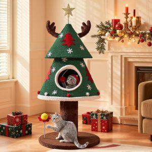 YITAHOME 60 in Christmas Cat Tree for Indoor Cats, Tall Cat Tower Furniture with 2 Large Condos, 5ft Christmas Tree Party Decoration with Cat House and Beds