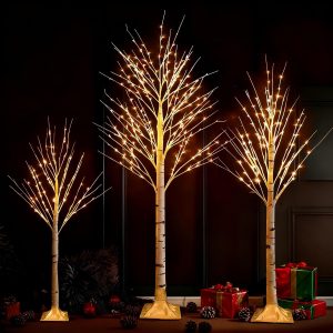 TW SHINE Set of 3 Lighted Birch Tree, 4FT 6FT 8FT White Artificial Christmas Tree with Total 456 LED Light, Prelit Waterproof Christmas Decoration for Indoor Outdoor Thanksgiving Wedding Holiday