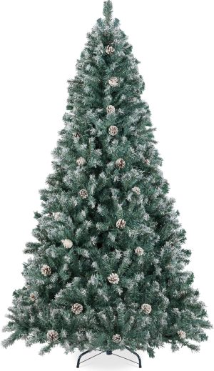 Best Choice Products 6ft Pre-Decorated Holiday Christmas Tree for Home, Office, Party Decoration w/ 1,000 PVC Branch Tips, Partially Flocked Design, Pine Cones, Metal Hinges & Base