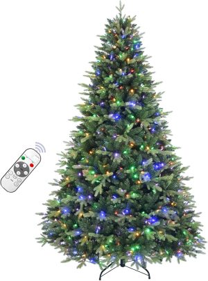 Pre-lit Christmas Tree 6Foot Premium Artificial Spruce Remote Control with 350 Warm White & Multi-Color Lights, Hinged/Feel Real/Realistic Dual Color Xmas Tree 6 Ft Festive Holiday