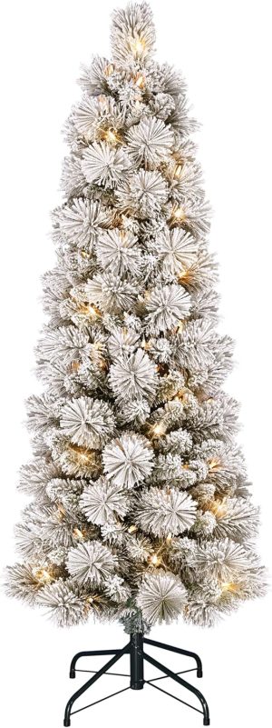 Puleo International 6.5ft Pre-Lit Flocked Portland Pine Pencil Christmas Tree with 300 Clear Lights, 410 Realistic Dense Snow Flocked Branch Tips, Easy Setup Artificial Trees with Sturdy Metal Stand