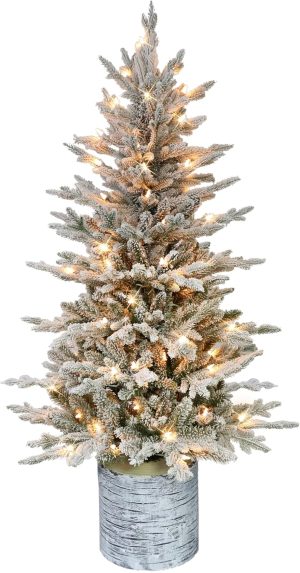 Puleo International 6ft Pre-Lit Potted Flocked Arctic Fir Pencil Christmas Tree with 120 Warm White Lights, 1325 Realistic Dense Snow Flocked Branch Tips, Easy Setup Artificial Trees with Sturdy Stand