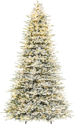 Hykolity 7.5 ft Prelit Snow Flocked Christmas Tree, 2933 PE&PVC Realistic Branch Tips, Artificial Twinkling Christmas Tree with 450 Warm White LED Lights, Metal Stand and Hinged Branches