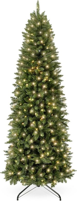 Best Choice Products Prelit Pencil Christmas Tree, 7.5ft Premium Artificial Tree, Realistic Lighted Spruce Holiday Decor w/Warm White Lights, Base