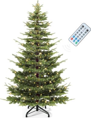 YITAHOME 6.5ft Aspen Fir Pre-Lit Christmas Tree with Remote Control, Crystal-Decorated Prelit Christmas Tree with 900 PE&PVC Mixed Branch Tips, 11 Lighting-Modes, Green