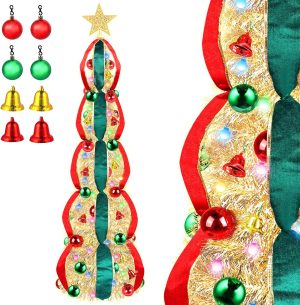 HUUIDY 5 FT Collapsible Pop Up Christmas Tree, Pre Lit Pencil Christmas Tree with Multi Color Change Lights and DIY 63 Ornaments, Pre Decorated Artificial Tree with Xmas Decor Home Indoor Party