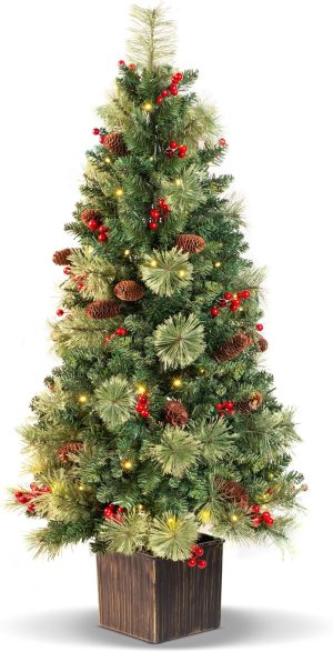 LAVEVE 4FT Outdoor Christmas Tree with Lights in Vintage Potted Base, Battery Operated Xmas Tree with Snow-Touched Branches, 100 LED Warm Lights with Timer, Porch Entryway Holiday Decoration