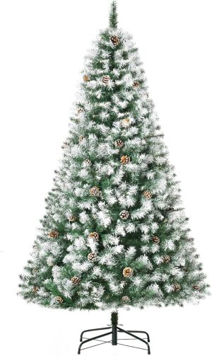 HOMCOM 6ft Snow-Dusted Artificial Christmas Tree, Unlit Flocked Christmas Tree with 61 Pine Cones, Full Fake Fir Tree with Realistic Branches, 800 Tips