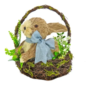 10 in. Easter Bunny with Blue Bow in Floral Basket Table Decoration
