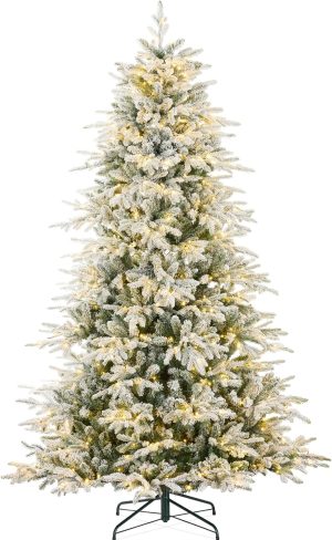 Best Choice Products Full Flocked Aspen Christmas Tree, 9ft Pre-lit Realistic Noble Fir w/ 1,200 Glowing LED Lights, 2-in-1 White & Multicolor