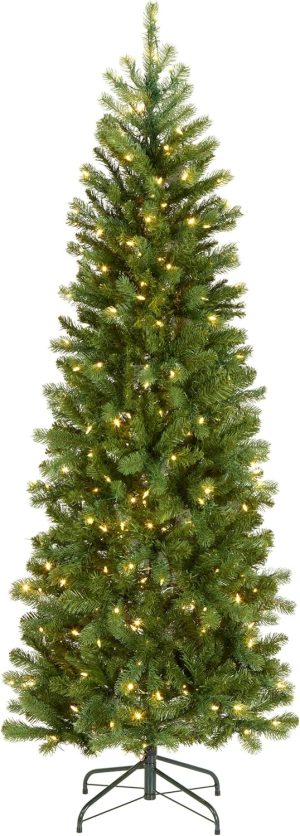 National Tree Company 6.5 ft Pre-Lit Downswept Douglas Fir Slim Artificial Christmas Tree, 300 LED Lights, 640 Tips, PowerConnect, Foot Pedal, 10 Light Functions, Includes Stand, Green