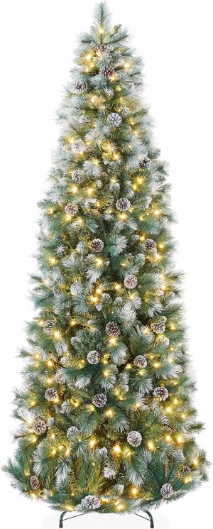 Best Choice Products Pre-Lit Scotch Pine Pencil Christmas Tree, 6ft Premium Skinny Pre-Decorated Holiday Decor w/White and Multicolor LED Lights