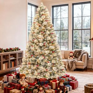 Hykolity 7.5 ft Snow Flocked Christmas Tree, 1446 Tips Artificial Christmas Tree with 450 Warm White Lights, Metal Stand and Hinged Branches