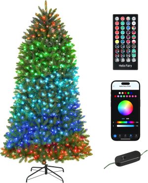 HOMCOM 6ft Smart Prelit Christmas Tree with Full-Spectrum RGB Dimmable LEDs, App and Remote Control, Wide Full Hinged Xmas Tree, Easy Assembly, Artificial Holiday Decoration, Green
