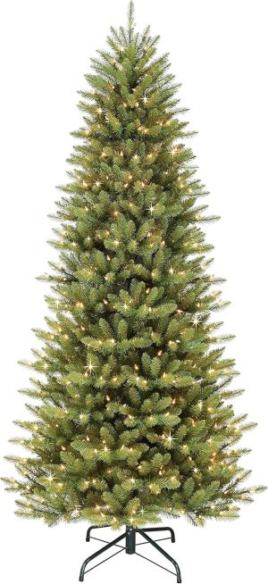 Puleo International 10 Foot Pre-Lit Slim Fraser Fir Artificial Christmas Tree with 900 LV Warm White LED Lights, Green