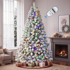SHareconn 7ft Pre-Lit Flocked Spruce Artificial Hinged Christmas Tree with Remote, Timer and 400 Warm White & Multi-Color Lights, 1062 Branch Tips, Perfect Choice for Xmas Decoration, 7 FT, White
