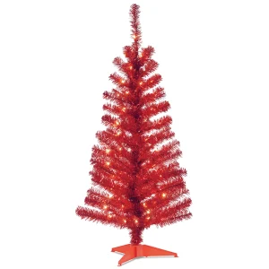 4 ft. Pre-Lit Tinsel Collection Red Tree with Clear Lights, Plug-In