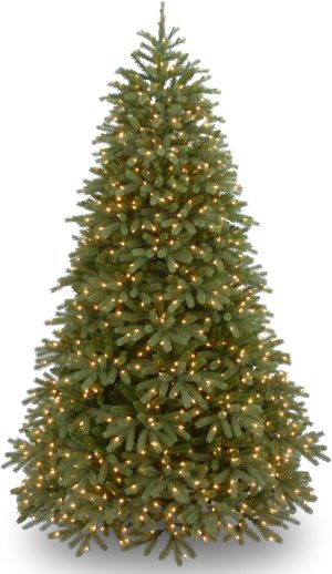 National Tree Company 6.5 ft Pre-Lit Jersey Fraser Fir Medium Artificial Christmas Tree, 900 LED Lights, 1,720 Tips, Foot Pedal, 10 Light Functions, Includes Stand, Green
