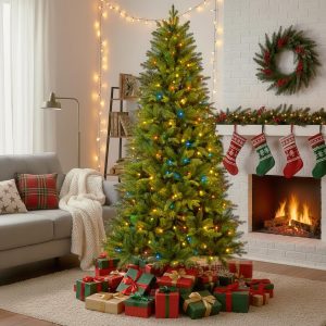 CROWNBALSAM 7.5ft Pre Lit Christmas Tree with 500 Multi-Color LED Lights – Artificial Balsam Holiday Tree with 2058 Realistic PE & PVC Tips, Foot Pedal, Hinged Branches, and Metal Stand
