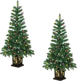 2 Pack 4FT Potted Christmas Tree with Lights 100 Coloful LED Artificial Christmas Tree with 200 Branch Tips Prelit Tree for Outdoor Porch Yard Holiday Home Decoration