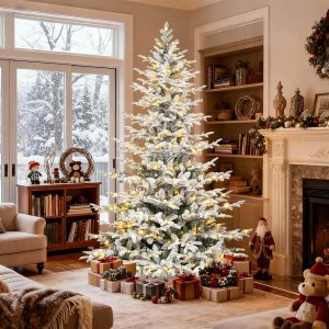 Hykolity 6 ft Snow Flocked Aspen Fir Christmas Tree, Prelit Artificial Christmas Tree with 330 Warm White Lights, 797 PE&PVC Branch Tips, Metal Stand and Hinged Branches
