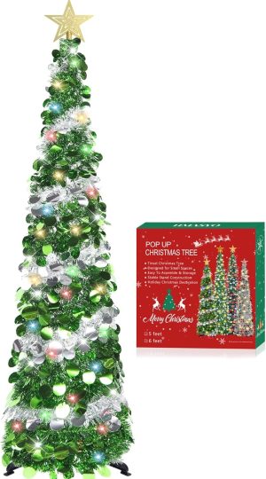 HMASYO 6 FT Pop Up Tinsel Christmas Tree with 100 Colored Timer Lights & Remote, Green Candy Collapsible Artificial Pencil Tree Xmas Decoration for Home, Office, Party, USB Powered, Easy Assembly