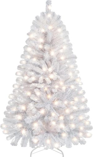 Yaheetech 6Ft Pre-lit Spruce Artificial Hinged Christmas Pine Tree Prelighted Holiday Xmas Tree for Home Party Decoration with 300 Warm White Lights and 818 Branch Tips, Green