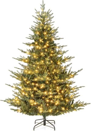 GOFLAME 8FT Prelit Artificial Christmas Tree, Hinged Xmas Tree with 1480 Branch Tips, 450 Warm White LED Lights, PE & PVC Mixed Leaves, Holiday Decoration Tree for Home Office Party
