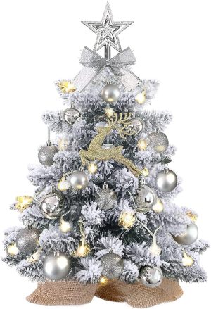 Mini Christmas Tree with Lights,24In/2ft Snow Flocked Pre-lit Tabletop Christmas Tree with 19 Decorations,Artificial Small DIY Decor for Table Desk Home
