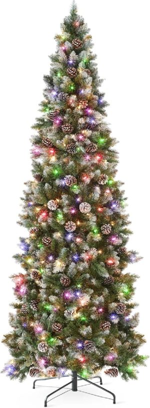 Best Choice Products 6ft Pre-lit Pencil Christmas Tree, Partially Flocked & Frosted Slim Holiday Tree Decoration, Skinny Xmas Tree, 250 Lights, 618 Frosted Tips, 50 Pine Cones, Foldable Stand
