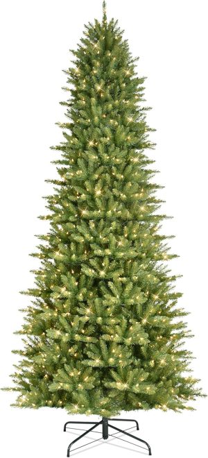 Puleo International 10ft Pre-Lit Slim Fraser Christmas Tree with 900 Clear Lights, 2557 Realistic Dense Branch Tips, Easy Setup Artificial Trees with Sturdy Metal Stand