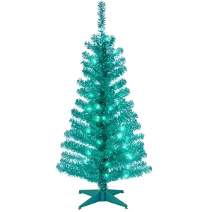 4 ft. Pre-Lit Tinsel Collection Turquoise Tree with Clear Lights, Plug-In
