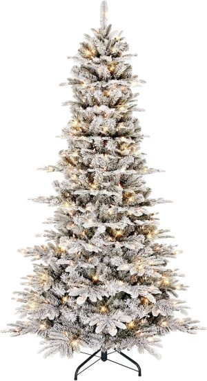 Puleo International 7.5ft Pre-Lit Slim Flocked Aspen Fir Christmas Tree with 450 Clear Lights, 1016 Realistic Dense Snow Flocked Branch Tips, Easy Setup Artificial Trees with Sturdy Metal Stand