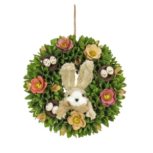 13 in. Easter Wreath Decorated with Colorful Flower Blooms, Bunny and Pastel Eggs