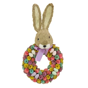 24 in. Easter Wreath Decorated with Colorful Flower Blooms, Pastel Eggs, Bunny Head