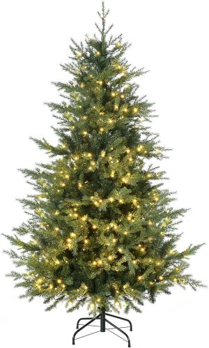 HOMCOM 6ft Tall Prelit Artificial Christmas Tree Holiday Décor with 2328 Branches, 400 Warm White LED Lights, Auto Open, 8 Light Modes