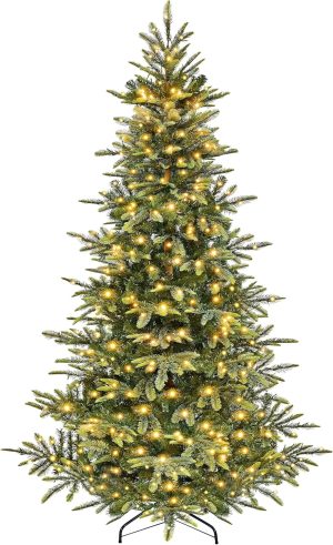 Yaheetech 7.5ft Pre-lit Aspen Fir Artificial Christmas Tree with 550 Warm White LED Lights Full Prelighted Xmas Tree w/1128 Branch Tips & Foldable Stand for Home Holiday Decor, Green